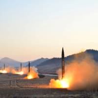 A ballistic missile drill is conducted by the North Korean military in this undated photo released Tuesday. | REUTERS