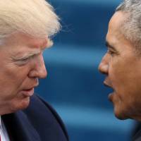 Then-U.S. President Barack Obama greets President-elect Donald Trump at inauguration ceremonies swearing in Trump as president at the U.S. Capitol in Washington on Jan. 20. | REUTERS