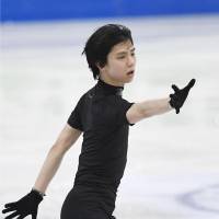 Yuzuru Hanyu practices in Helsinki on Monday ahead of the start of the world championships. Hanyu will attempt to win his first world title since 2014. | KYODO