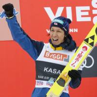 Noriaki Kasai celebrates after finishing second at a World Cup event in Vikersund, Norway, on Sunday. | KYODO