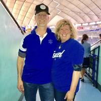 Adam and Margie Orlan, whose son is a pitcher for the Israel team at the 2017 World Baseball Classic, pose for a photo after the team\'s 4-1 win over Cuba on Sunday at Tokyo Dome. | KAZ NAGATSUKA