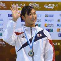 Rikako Ikee is seen after her victory in the women\'s 50-meter butterfly at a swim meet in Marseille, France, on Friday. | KYODO