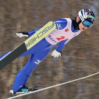 Yuki Ito competes in the large hill event at the International Miyasama Ski Games in Sapporo on Sunday. | KYODO
