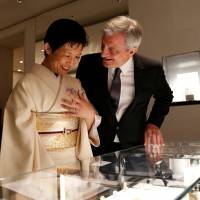 Christian Dior Chief Executive Sidney Toledano talks with Princess Takamado at Dior\'s new flagship store in Ginza Six on Wednesday. | REUTERS