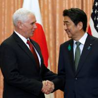 U.S. Vice President Mike Pence is welcomed by Prime Minister Shinzo Abe at their meeting at Abe’s official residence in Tokyo on Tuesday. Visiting Pence calls U.S.-Japan alliance a 'cornerstone' for peace in region amid North Korea threat