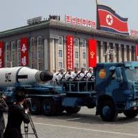 A North Korean navy truck carries the Pukkuksong submarine-launched ballistic missile (SLBM) during a military parade marking the 105th birth anniversary of country\'s founding father, Kim Il Sung in Pyongyang on April 15. | REUTERS