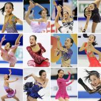 This sequence of photos (from top left to right) shows skating performances by Mao Asada every year from 2005 to 2016. | KYODO