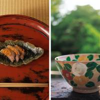 Left to right: “Leaf-shaped Dish” (1953) and “Bowl with Camellia Design” (1938) | COLLECTION OF KAHITSUKAN, KYOTO MUSEUM OF CONTEMPORARY ART