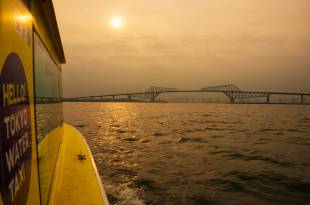 A Tokyo Water Taxi vessel travels toward the Gate Bridge in Tokyo Bay.