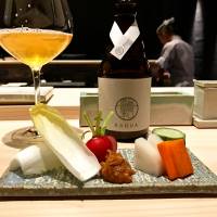 The appetizer plate: a selection of vegetables with a miso dip, along with an enzyme-rich nukazuke (rice bran pickles) Torikado