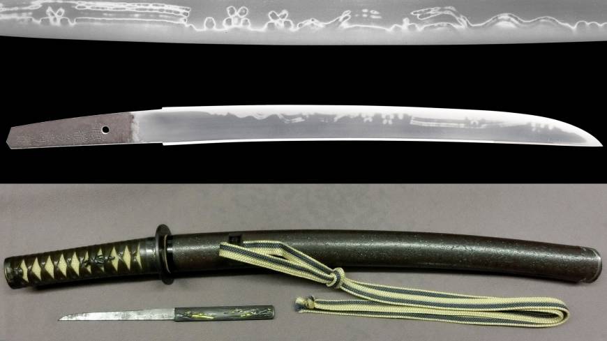 A sword made by Minryushi Toshizane in 1821 is on display with a saya scabbard and tsuba guard at the Japan Sword Gallery in Toranomon, in Tokyo’s Minato Ward in April. Antique sword showcases traditional technique