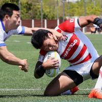Japan\'s Ryuji Noguchi scores a try against South Korea during the Asia Rugby Championship\'s opening game on Saturday in Incheon, South Korea. | KYODO
