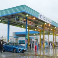 A hydrogen station built by Toho Gas Co. in Nisshin, Aichi Prefecture, is shown in April 2015. | KYODO