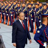India’s defense chief, Arun Jaitley, reviews an honor guard with Defense Minister Tomomi Inada at the Defense Ministry in Tokyo on Monday. Japan, India look to strengthen defense ties ahead of trilateral naval exercises with U.S.