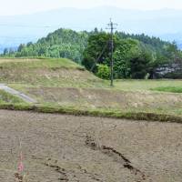 Cracks are seen in a rice paddy in a district of the city of Bungo Ono, Oita Prefecture, on Monday. | KYODO
