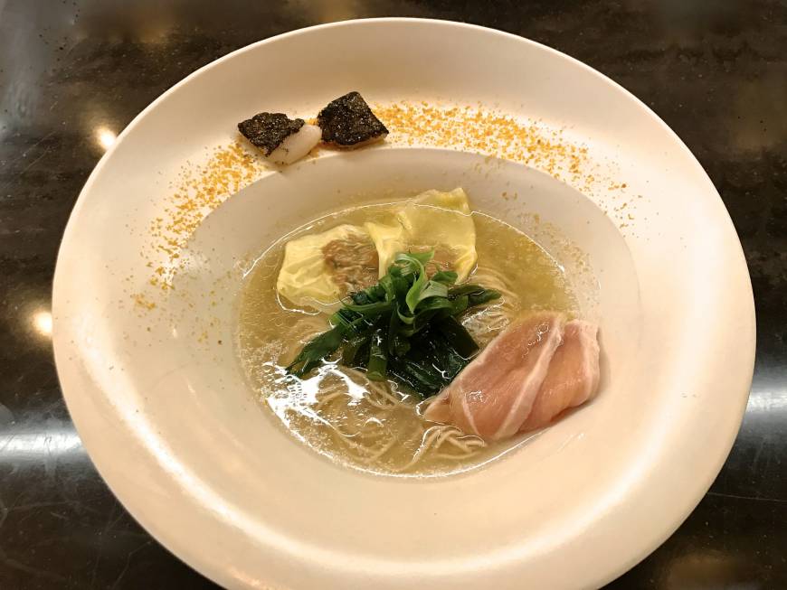 Mensho Brave noodle world: Mensho's seafood ramen, served with chicken slices, tuna wonton, scallops and bottarga. | ROBBIE SWINNERTON