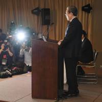 Toshiba Corp. President Satoshi Tsunakawa faces the media at a recent news conference in Tokyo. | KYODO