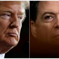 U.S. President Donald Trump (left) speaks in Ypilanti Township, Michigan, March 15, and FBI Director James Comey testifies before a Senate Judiciary Committee hearing in Washington May 3 in a combination of file photos. | REUTERS