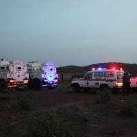 United Nations armored personnel vehicles are stationed with an ambulance outside Campement Kangaba, a tourist resort near Bamako, Sunday. A security official says suspected jihadists have attacked the resort in Mali’s capital that is popular with foreigners on the weekends. The official with the U.N. mission known as MINUSMA, said people had been killed and wounded but gave no immediate toll. Casualty count unclear as suspected jihadis attack resort outside Bamako, take hostages