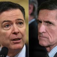 The case for obstruction revolves around U.S. President Donald Trump’s alleged request for then-FBI Director James Comey (center) to drop the investigation of former national security adviser Michael Flynn’s contacts with the Russian ambassador to the U.S. How Trump might avoid criminal prosecution for obstruction