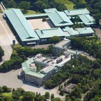 The Imperial Household Agency (foreground) is seen next to the Imperial Palace in August 2016. Imperial Household Agency mulls expansion in staff for abdication