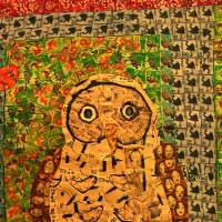 Stamp of approval: An owl collage of cancelled stamps at the Philatelic Museum. | KIT NAGAMURA