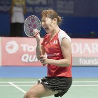 Sayaka Sato reacts after beating South Korea\'s Sung Ji-hyun to win the Jakarta Open final on Sunday. | KYODO