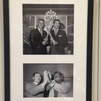 The New York Yankees\' Roger Maris and the Yomiuri Giants\' Shigeo Nagashima pose in New York in 1962 (top) and Sadaharu Oh and Hank Aaron compare the size of their hands in Tokyo in 1974 in photos shown in the exhibition on Thursday. | JASON COSKREY