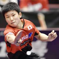 Tomokazu Harimoto faces China\'s Liang Jingkun in the third round of the men\'s singles qualifiers on Thursday at Tokyo Metropolitan Gymnasium. | KYODO