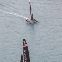 In this photo provided by the America\'s Cup Event Authority, Oracle Team USA and SoftBank Team Japan compete during America\'s Cup qualifying on the Great Sound in Bermuda on Thursday. | RICHARD PINTO / ACEA / VIA AP