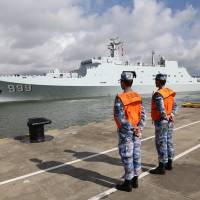 A ship carrying Chinese military personnel departs a port in Zhanjiang, in China’s Guangdong Province, on Tuesday for the Horn of Africa nation of Djibouti to man the rising Asian giant’s first overseas military base. China sends military personnel to Djibouti to man its first overseas base