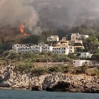Woodland fires burn near a tourist resort where, according to firefighter reports, some several hundred tourists have been evacuated by land and sea, in the Sicilian town of San Vito lo Capo, southern Italy, Wednesday. Wildfires have been raging for days and Italian firefighters said Wednesday they were responding to 887 fires throughout Italy, 628 of which regarded vegetation and woodlands. Wildfires prompt tourists to flee by boat from Sicily, imperil people, wildlife on Vesuvius