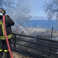 An Italian firefighters sprays water to extinguish a fire that broke out on the Posillipo hill in Naples, Italy, Monday. Wildfires have been ravaging swaths of Italy, mostly in the south, where the Coldiretti agricultural lobby says July rain levels were down 83 percent while temperatures were around 3 degrees Celsius higher. About 2,500 hectares (6,180 acres) of pasture have been destroyed in Sicily alone. | CIRO FUSCO / ANSA / VIA AP