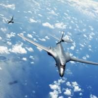 Two U.S. Air Force B-1B bombers fly a 10-hour mission from Andersen Air Force Base on Guam through the South China Sea on June 8. U.S. bombers challenge Beijing with South China Sea flyover