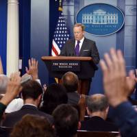 White House Press Secretary Sean Spicer briefs members of the media during a daily briefing at the White House Monday in Washington. | AFP-JIJI