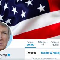 The masthead of U.S. President Donald Trump’s @realDonaldTrump Twitter account is seen Tuesday. Twitter users sue Trump, argue his blockage of their accounts violates First Amendment