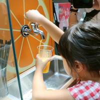 A girl helps herself to some juice from an \"orange faucet\" at Matsuyama airport, Ehime Prefecture, on Thursday. | KYODO