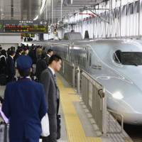 Ashinkansen train arrives at Hakata Station in Kyushu in March 2016. KYODO Security cameras to be installed on Kyushu shinkansen in run-up to 2020 Olympics