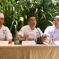 From left to right: Takaaki Sugita, Kentaro Nakahara and Yoshiteru Ikegawa at their news conference at the Mandarin Oriental Barcelona. Spain meets 'washoku': Three top Japanese chefs take their expertise abroad