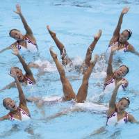 Japan’s synchronized swimming team performs during the world swimming championships on Saturday in Budapest. Synchronized swimming rebrands in bid to boost popularity