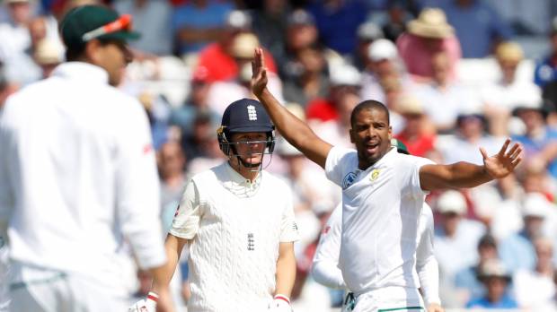 South Africa’s Vernon Philander celebrates taking the wicket of England’s Gary Ballance during the second test on Tuesday in Nottingham, England. South Africa routs England, evens up four-test series