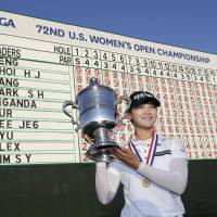 Park Sung-hyun poses for photos after winning the U.S. Women’s Open on Sunday in Bedminster, New Jersey. Park captures U.S. Women's Open crown; Miyazato finishes 41st
