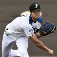 Fighters right-hander Shohei Otani pitches in an Eastern League game against the Lions on Saturday in Kamagaya, Chiba Prefecture. | KYODO
