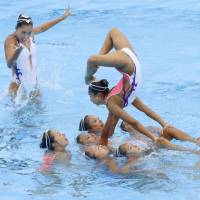 Japan\'s synchronized swimming team performs at the world swimming championships on Saturday in Budapest. | KYODO
