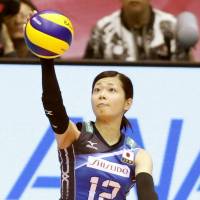 Miya Sato serves during Japan\'s victory over Brazil on Sunday in Sendai. | KYODO
