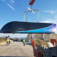 This July 12 photo released by Hyperloop One shows the first Prototype of Hyperloop One Pod. The near-supersonic rail system known as hyperloop has passed another key milestone on its path to become reality, the U.S. startup Hyperloop One said Wednesday. In Nevada test, Hyperloop One pod reaches unprecedented 310 kph