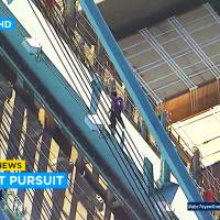 This frame from video provided by KABC-TV shows a man atop a container loading crane at the Port of Los Angeles, where he climbed after a high-speed police pursuit of his vehicle on Wednesday. Suspected car thief chased by police climbs crane, strips and falls to death in Los Angeles