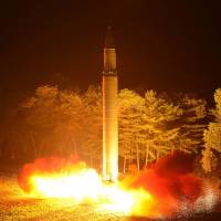 North Korea’s Hwasong-14 ICBM is launched from an undisclosed location in this photo released July 28. Air France jet passed area where North Korean ICBM flew minutes later: report