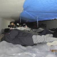 This Saturday photo provided by U.S. Customs and Border Protection shows immigrants found in a load of ice-covered broccoli in a refrigerated trailer that was searched at a South Texas border checkpoint in Falfurrias, Texas. Officials say 60 immigrants from Guatemala, Mexico, El Salvador and Honduras were found Saturday. Texas checkpoint turns up 60 immigrants among iced broccoli in refrigerated truck trailer