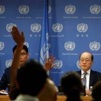 Chinese Ambassador to the United Nations Liu Jieyi speaks at a news conference at U.N. Headquarters in New York City Monday. Envoy throws ball back to Trump, says U.S. and North Korea are key to peace on peninsula, not China